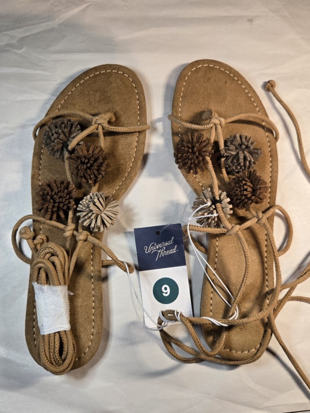 Universal Thread Women's Tan Suede Pom Pom Lace-Up Sandals